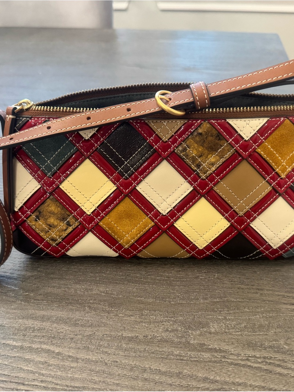 Tory Burch Patchwork Quilted Leather Wristlet in Red, Cream, Tan & Brown - Picture 4 of 5